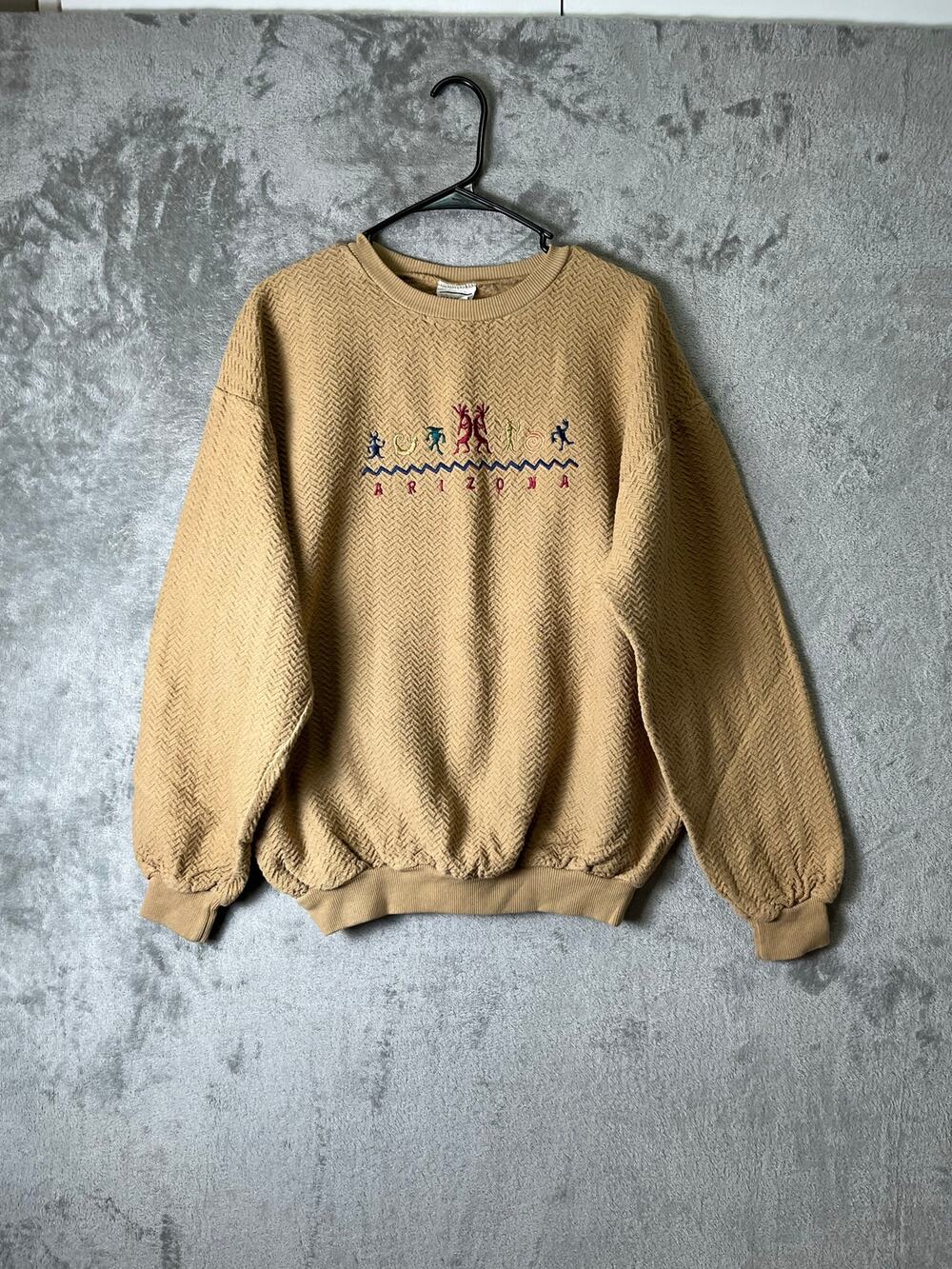 Vintage Arizona Textured‎ Embroidered Sweatshirt Tan Crewneck Pullover Large
